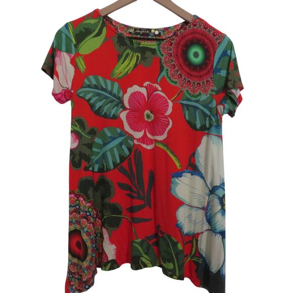 Desigual Womens Sz S Tropical Floral Print Sidetail Tee Short Sleeve Trapeze Top - Picture 1 of 7